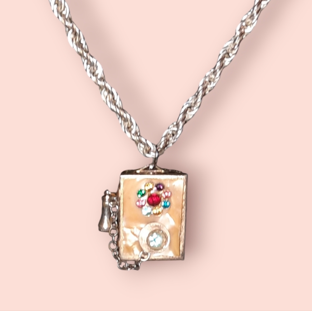 Vintage trinket, pill box Old Timey phone rhinestone pendant and charm - Picture 3 of 16
